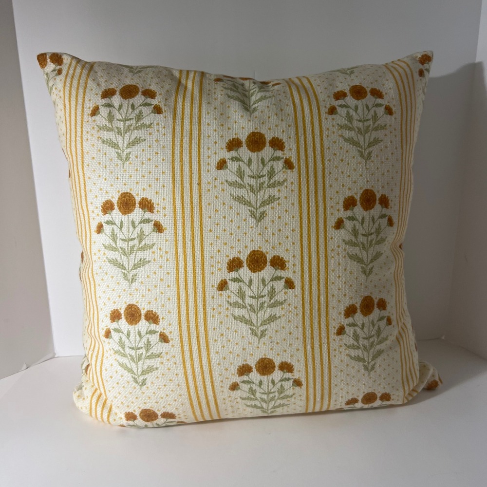 Anthropologie Mira Cotton Woven Printed Floral Pillow Yellow Stripe 18" New